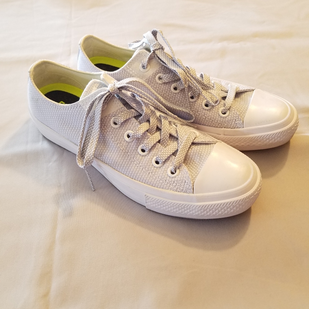 Blue and white patterned converse